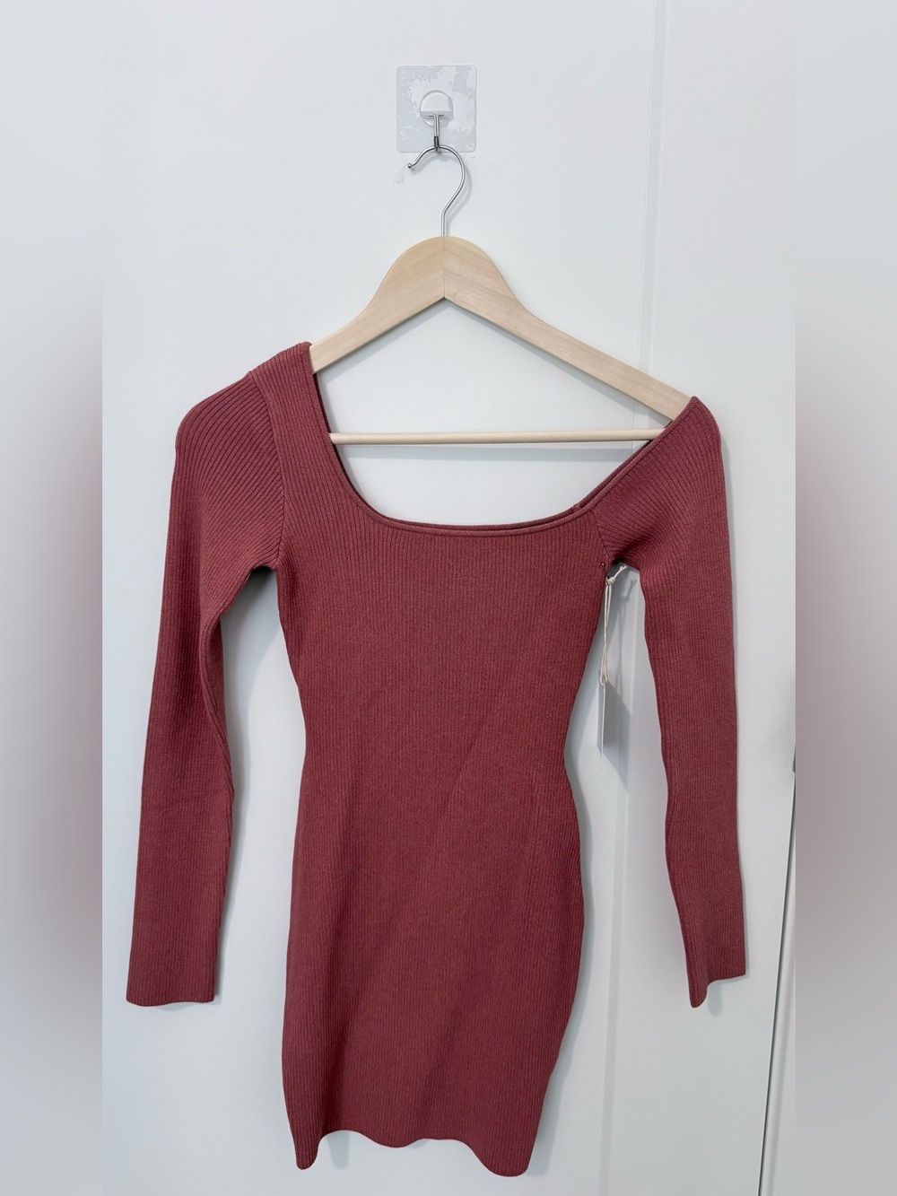 Long-Sleeve off one shoulder Square Neck Ribbed Dress